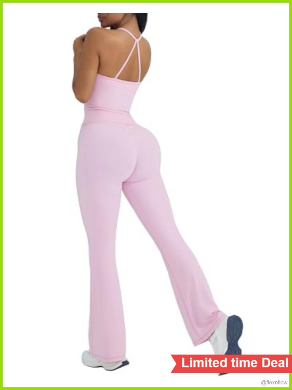 OMKAGI 2 Piece Workout Set Halter Tank Built in Bra Flare Leggings